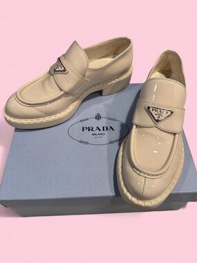 PRADA Chocolate Patent Leather Triangle Logo Loafers - Ivory - Size 9.5